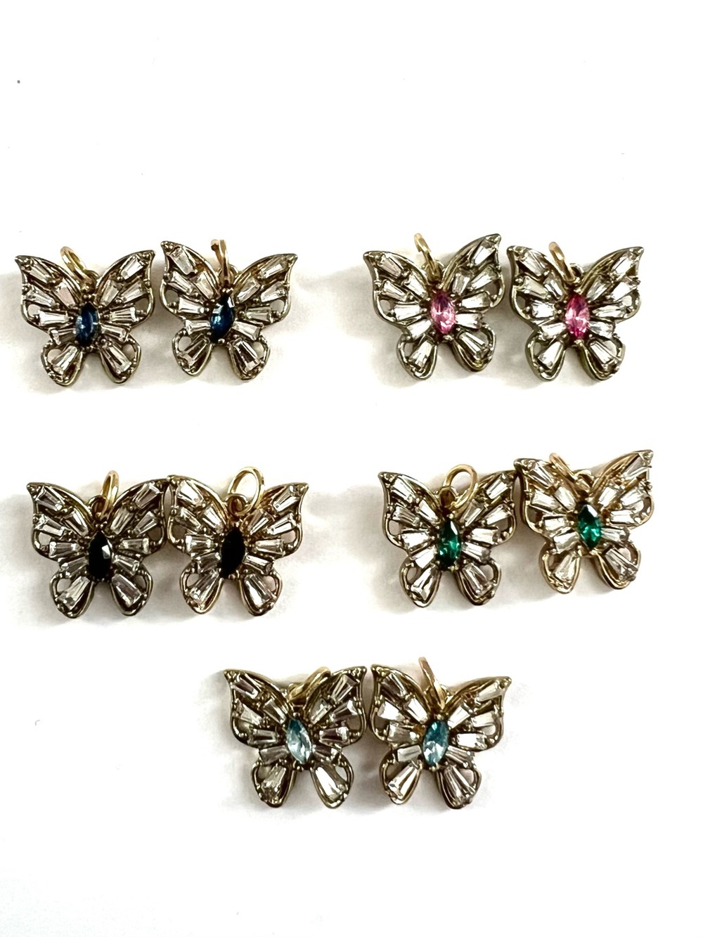 Set of 10 Rhinestone Butterfly Charms | Gold Tone Crystal Butterfly Pendants